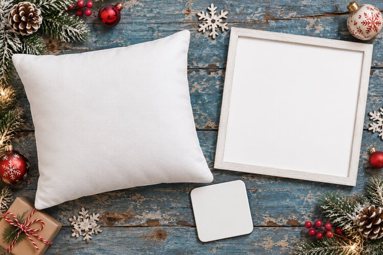 Christmas Pillow Mockup | Square Coaster Poster Mockup example image 1