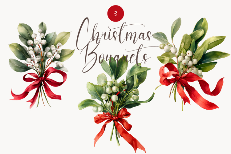 Watercolor Christmas Bouquets with Red Ribbons Set