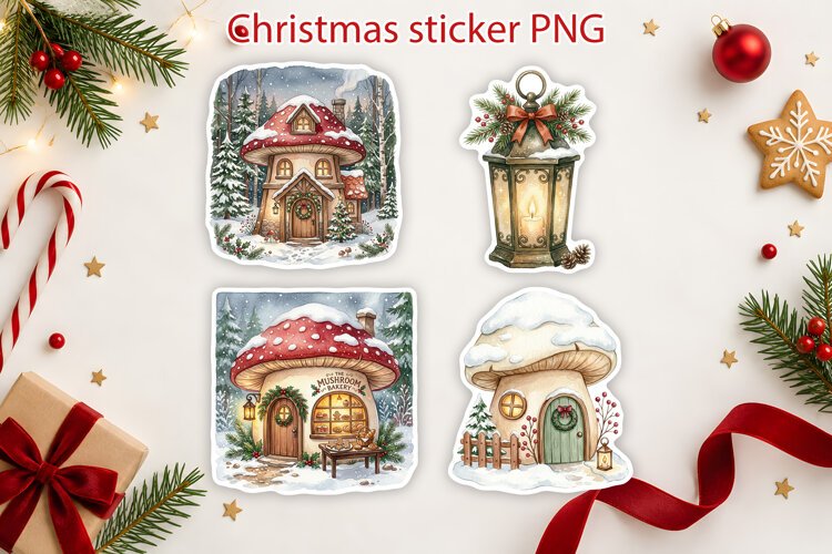 Christmas Mushroom House Stickers Printable example image 1