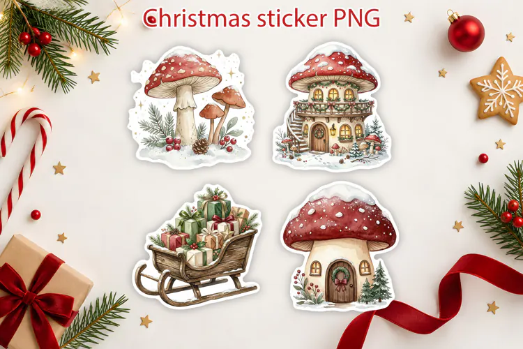 Whimsical Christmas Mushroom Stickers Printable