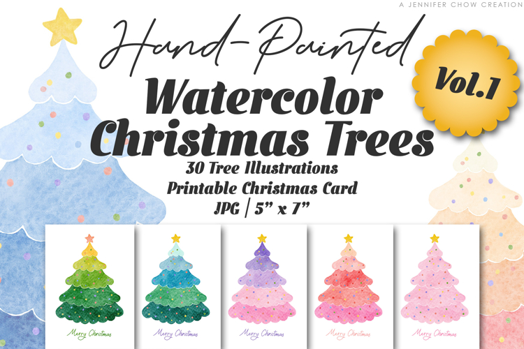 Printable Christmas Card Hand Painted Watercolor Trees Vol.1