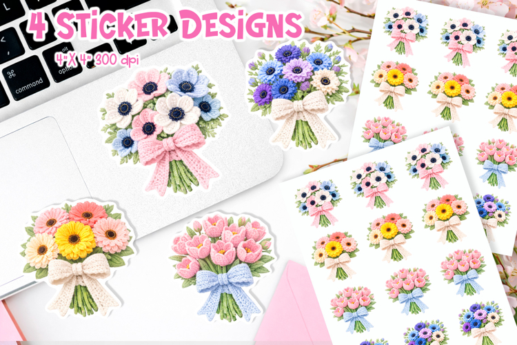 Crochet Flower Bouquet Stickers | Floral PNG Design