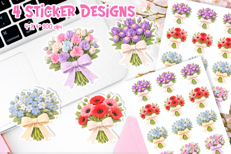Crochet Flower Bouquet Stickers | Floral PNG Design