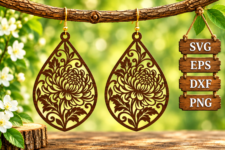 Chrysanthemum Earring Teardrop Marigold Floral Wood Laser