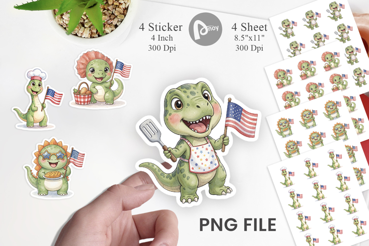 Chubby BBQ Dino Patriotic Sticker
