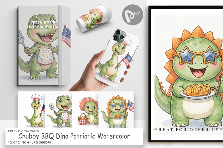 Chubby BBQ Dino Patriotic Digital Paper