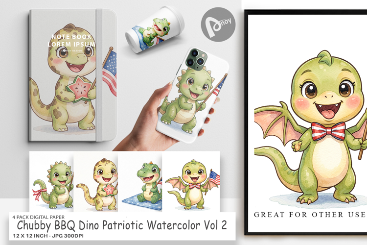 Chubby BBQ Dino Patriotic Digital Paper