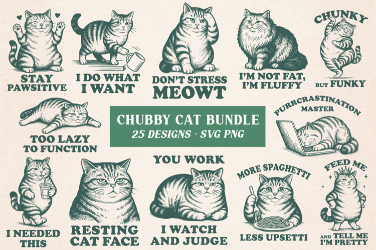 Chubby Cat SVG PNG Bundle 25 Funny Cat SVG Designs, Lazy Cat