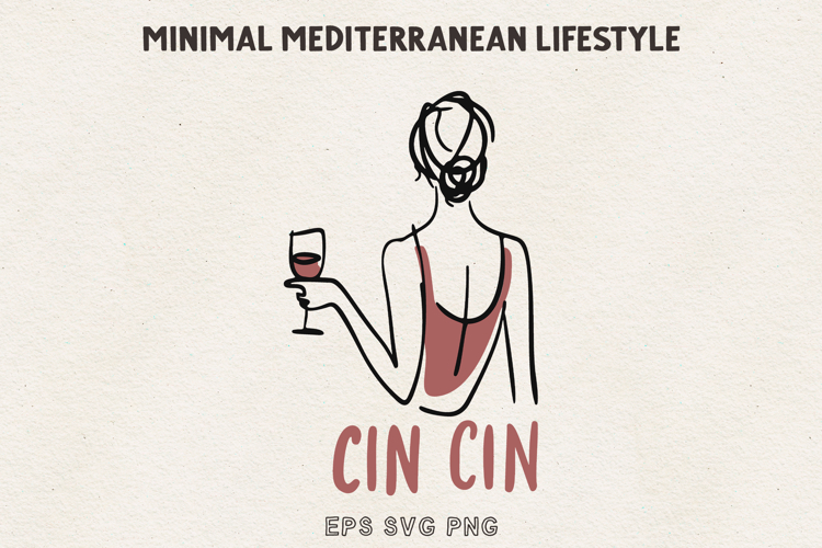 Minimal Woman Line Art Cin Cin Wine SVG PNG
