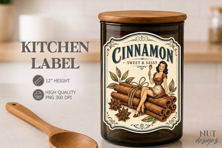 Vintage Cinnamon Spice Label pantry label Pin up girl