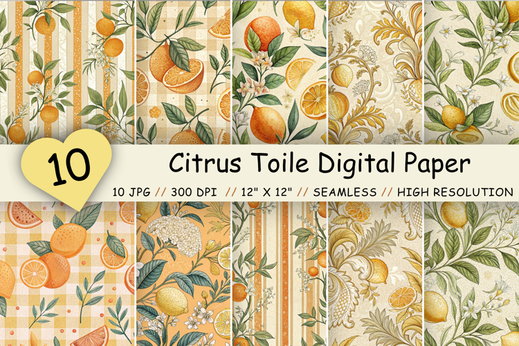 Citrus Toile Digital Paper Pack, Vintage Floral Toile