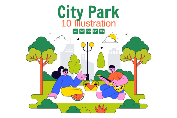 10 City Park Vector Illustration