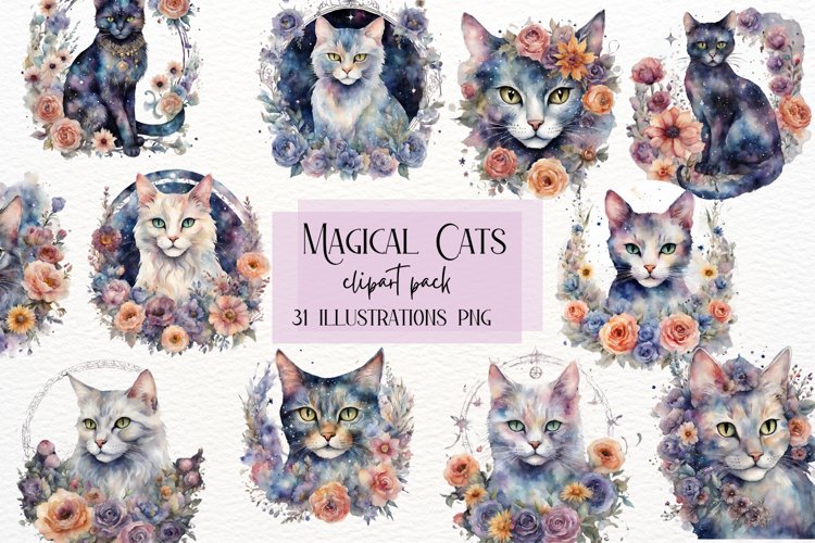 Watercolor Magical Cat, Celestial Black Cats example image 1