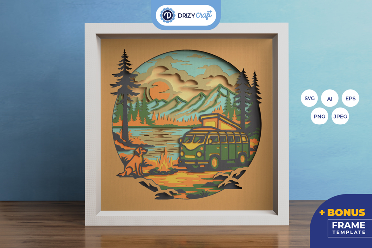 Classic Camper Van Nature 3D Shadow Box - Camper Van 3D SVG