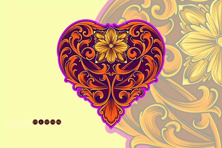 Classic engraved petal ornament heart shaped illustrations