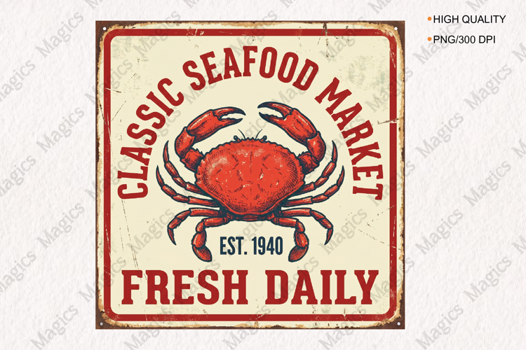 Classic Seafood Market Crab Sign PNG, Vintage Coastal
