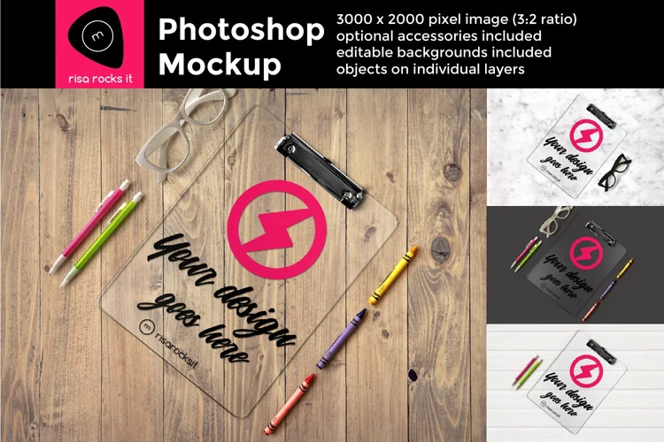 Clear Clipboard Front Side Flat Lay Photoshop Mockup
