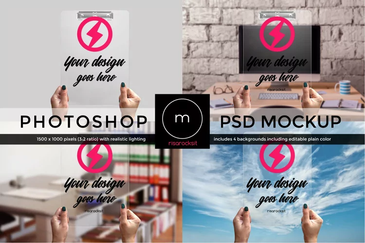 Clear Clipboard Back with Hands Photoshop Mockup