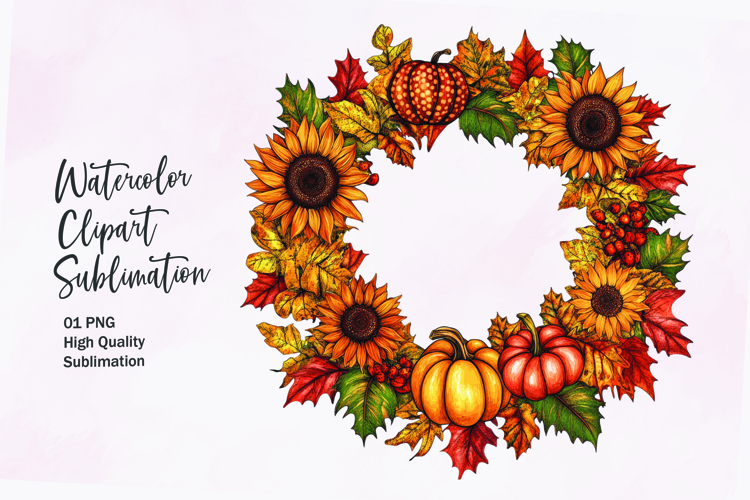 Fall themed wreath watercolor clipart sublimation