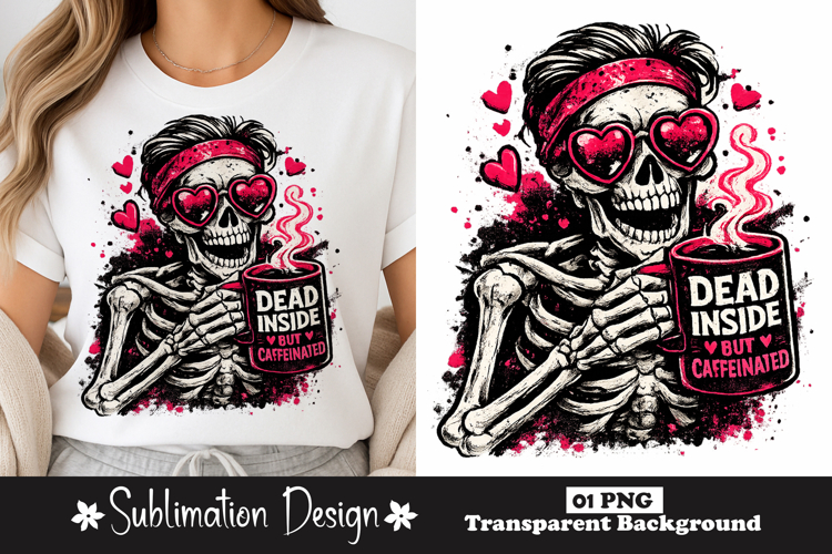 Dead Inside But Caffeinated Skeleton Coffee Sublimation PNG