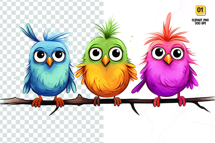 Watercolor colorful cute birds clipart