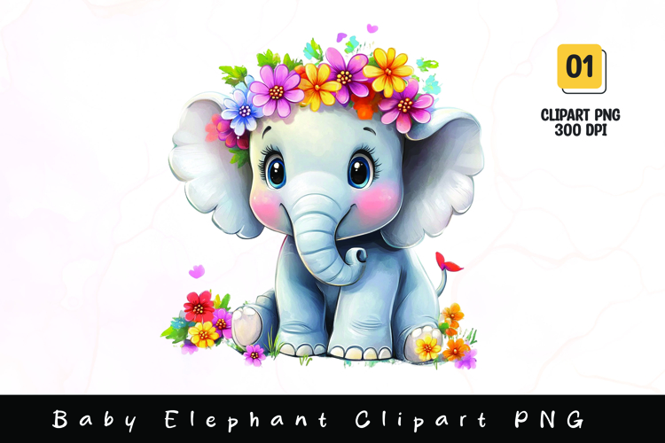 Cute baby elephant with flower on head clipart sublimation