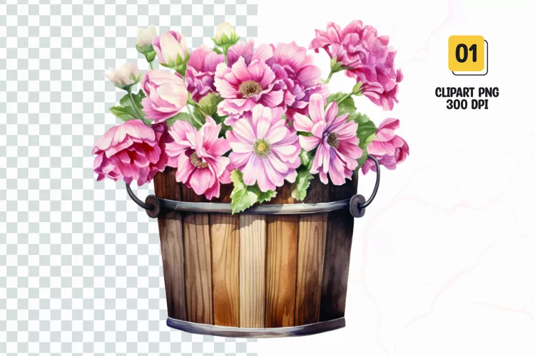 Floral Bucket Watercolor Clipart Sublimation