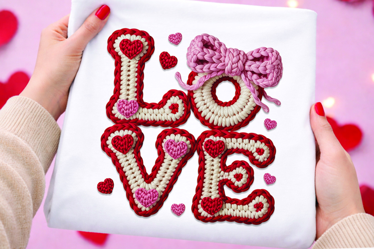LOVE Crochet Letters with Hearts and Pink Bow