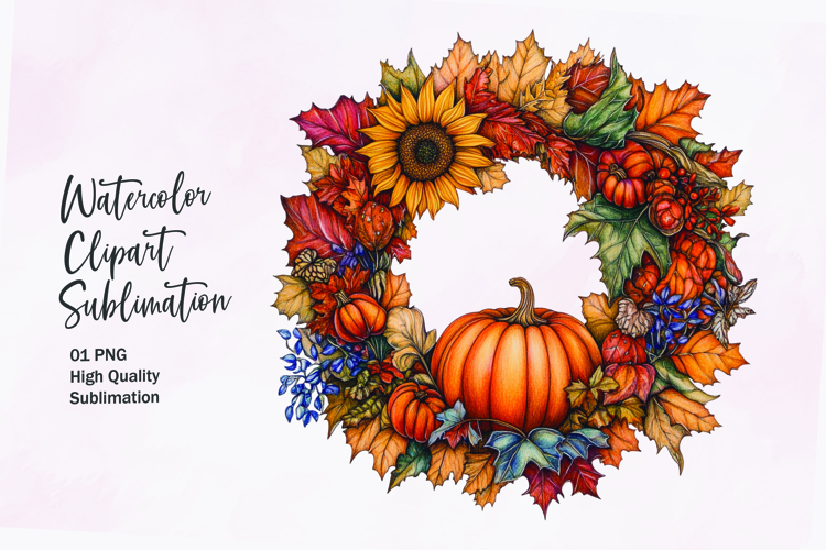 Fall themed wreath watercolor clipart sublimation