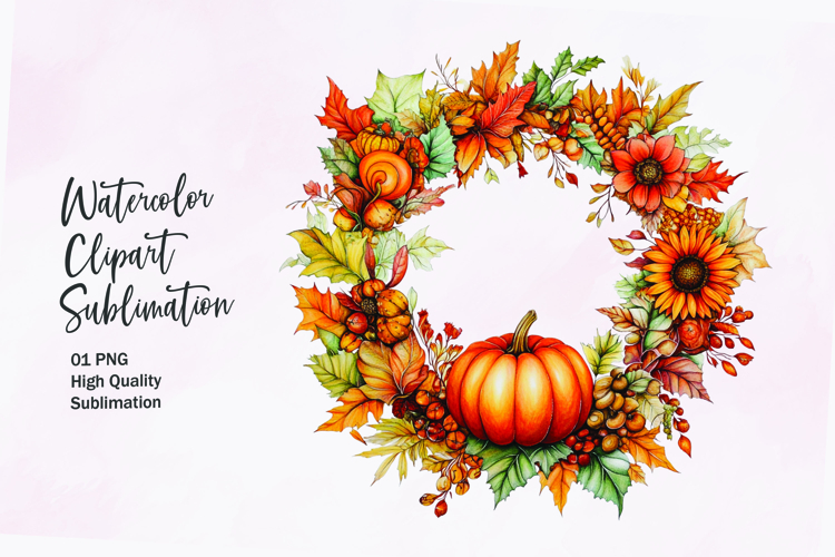 Fall themed wreath watercolor clipart sublimation