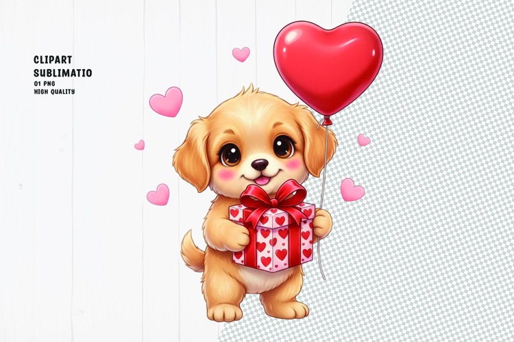 Puppy With Gift   Heart Balloon