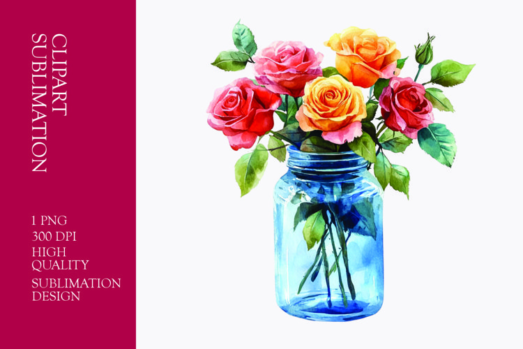 Colorful roses in jar watercolor clipart sublimation
