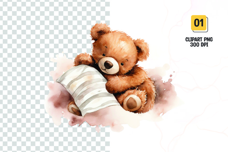 Watercolor teddy bear sleeping clipart sublimation png example image 1