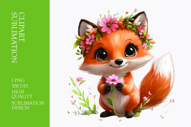 Cute fox with flower on head clipart