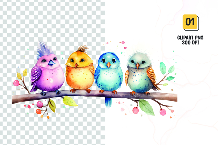 Watercolor colorful cute birds clipart