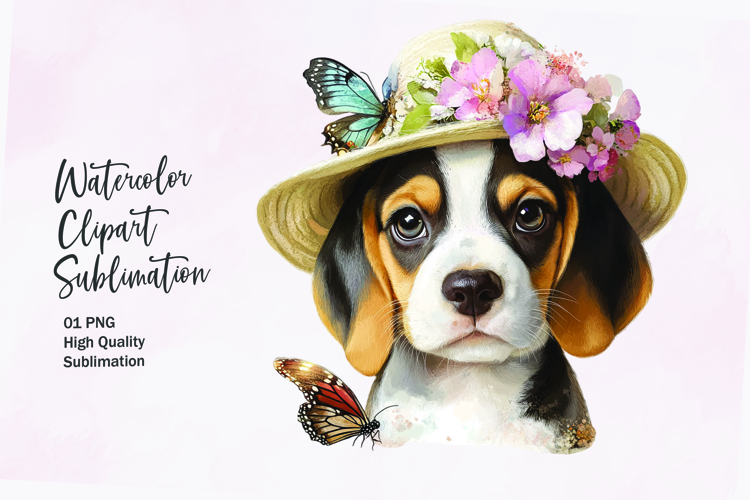 Cute puppy with flowers head watercolor clipart sublimation