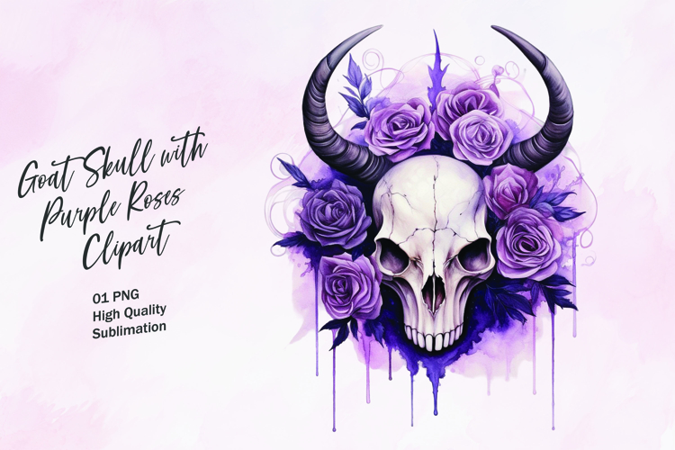Goat skull with purple roses watercolor clipart
