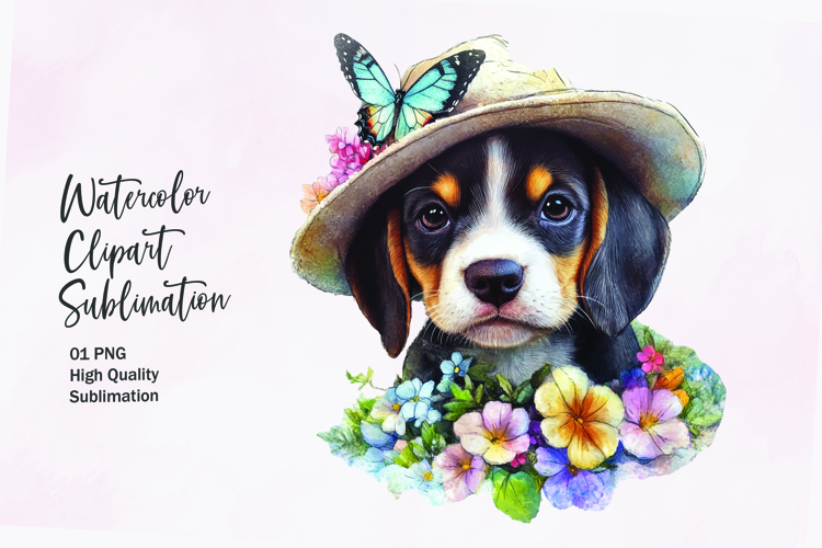 Cute puppy with flowers head watercolor clipart sublimation