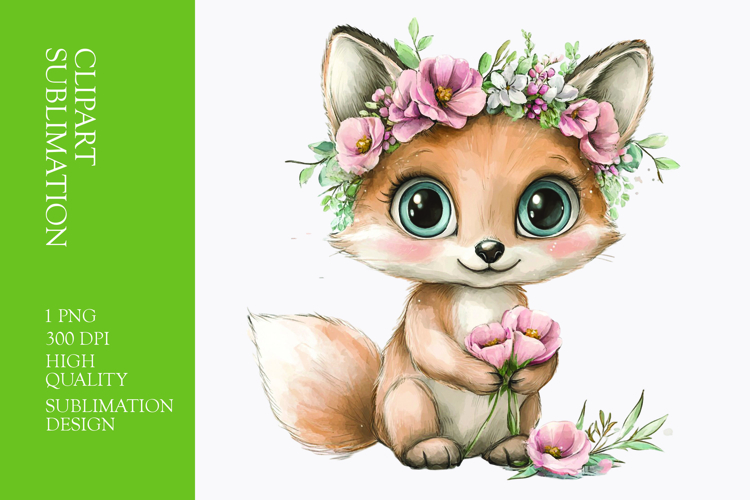 Cute fox with flower on head clipart