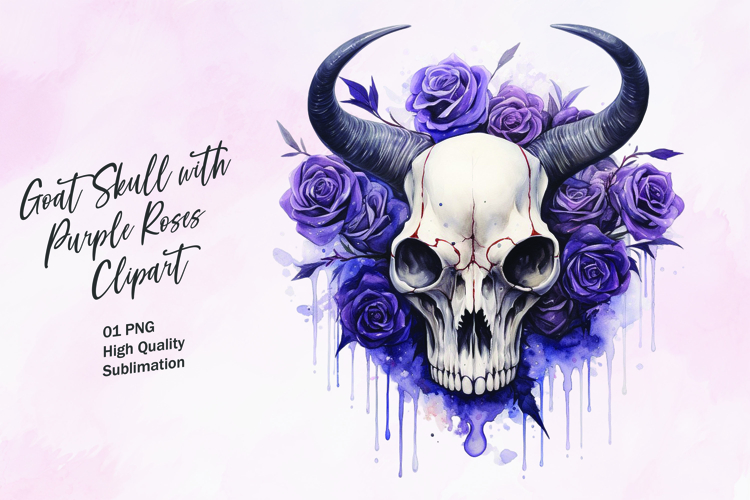 Goat skull with purple roses watercolor clipart