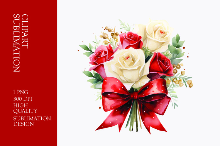 Watercolor Red and white Roses bouquet clipart