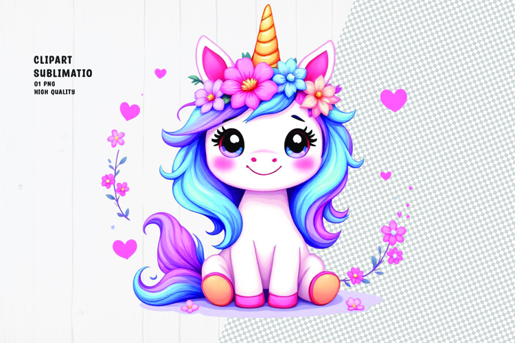 Cute unicorn, floral crown, watercolor clipart