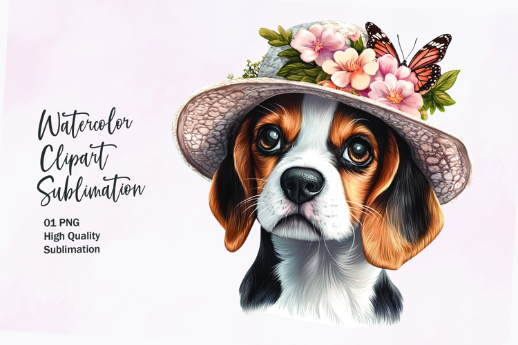 Cute puppy with flowers head watercolor clipart sublimation