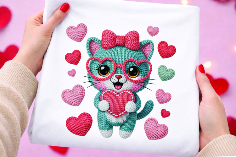 Green Knitted Cat with Heart Glasses Design