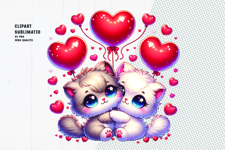 Cute Cat Couple with Heart Balloons | Valentine Sublimation