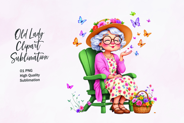 Grandma with Butterflies and Flowers clipart
