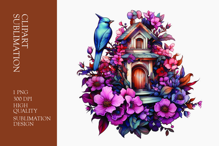 Watercolor floral bird house clipart png