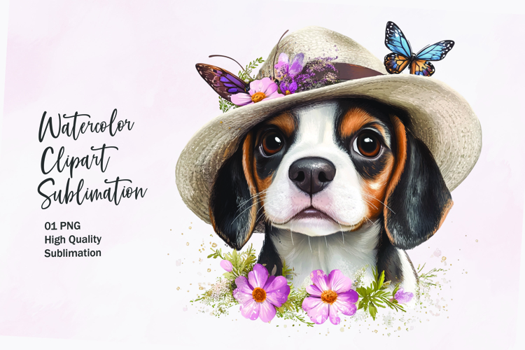 Cute puppy with flowers head watercolor clipart sublimation