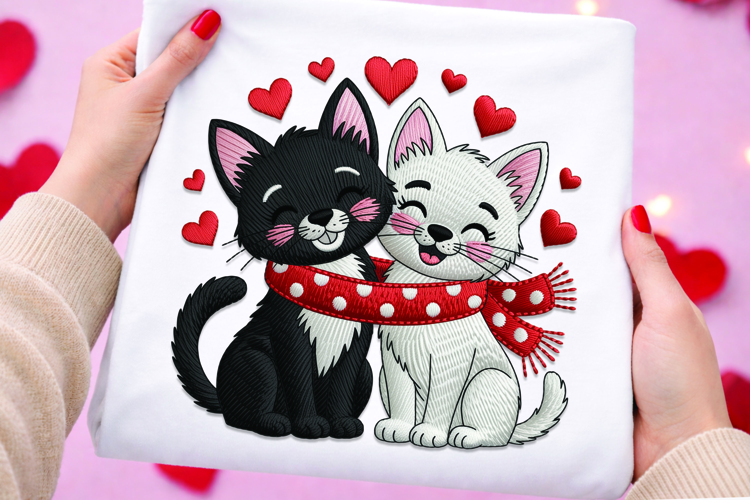 Two Cats Sharing Scarf Valentine Embroidery Design