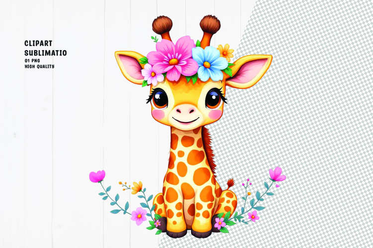 Cute giraffe, crown flower, watercolor clipart":